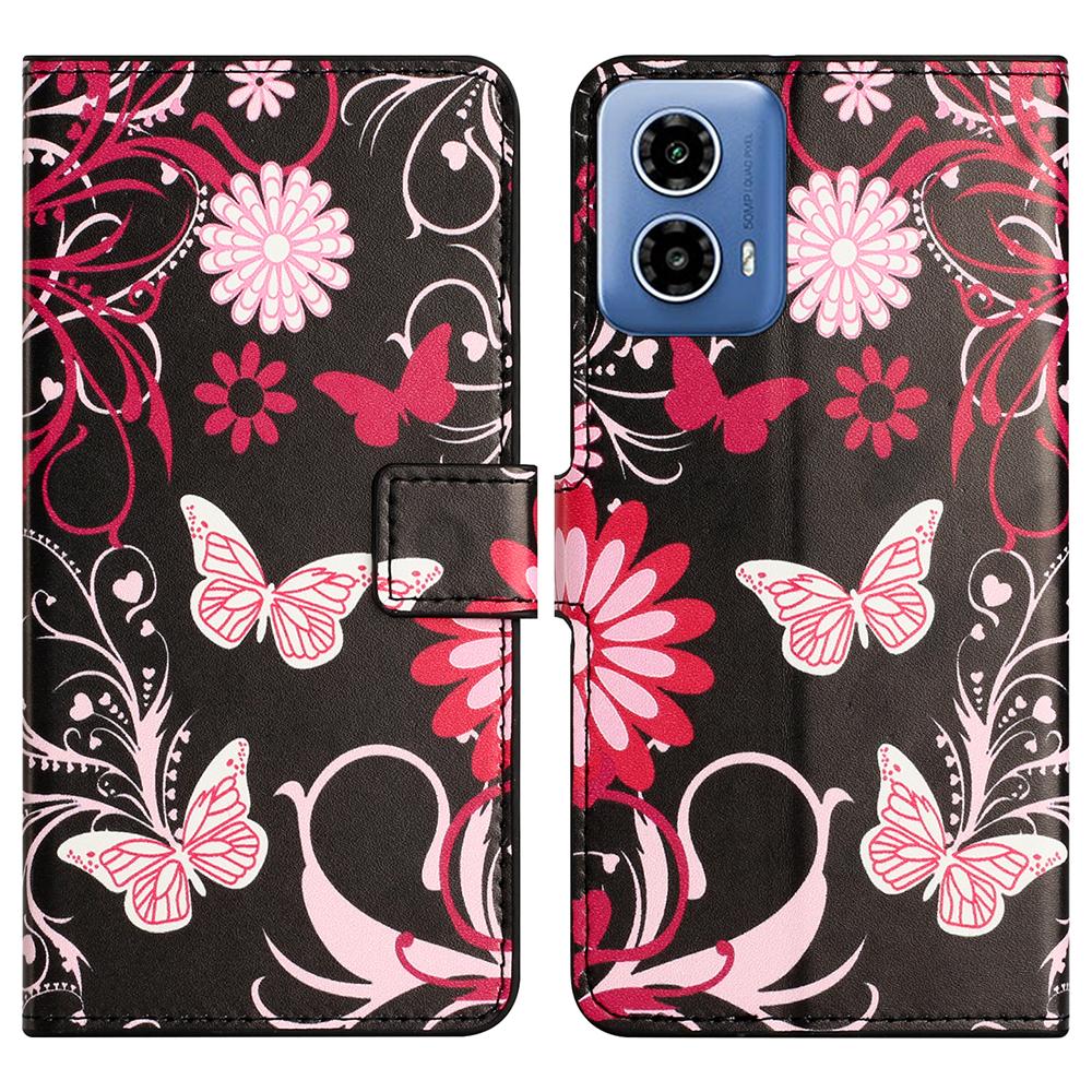 

For Motorola Moto G35 5G Case Pattern Print PU Leather Wallet Phone Cover Black Butterfly