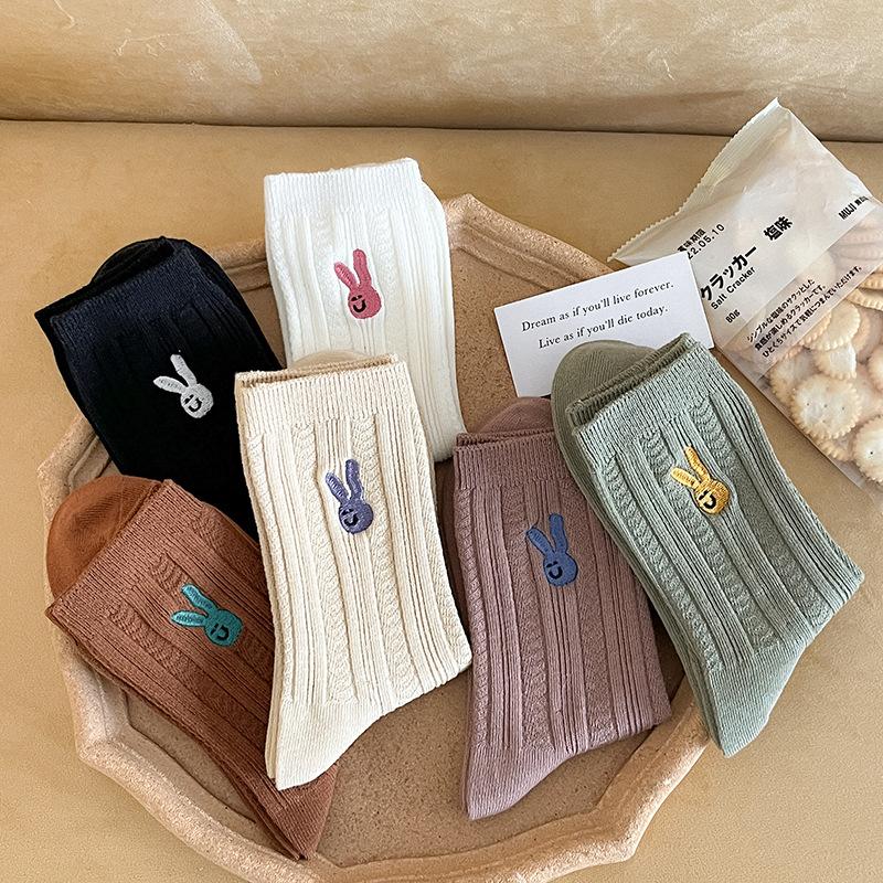 Female Spring and Autumn Solid Color Striped Bunny Embroidery Boneless Drum Pile Pile Socks