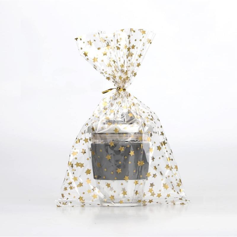 50/100 Pcs Star Printed Gift Wrap Cello Cellophane Treat Bags Party Favor Bags Clear Candy Cookie Bags for Bakery,Birthday, Wedding,Party