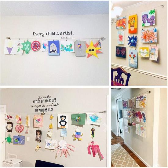 Kids Art Hanging Wire Organizer with Clips, Project Wall Display Cable, 6.5 Ft Long Stainless Steel, 30 Clips, Length Adjust, Rustless, 88 Lb Load