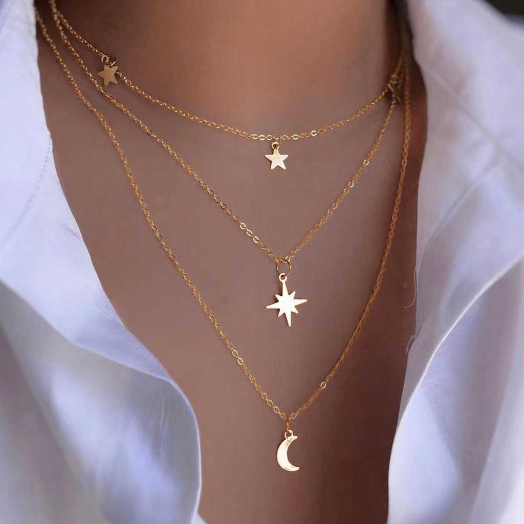 Star Necklace New European and American Alloy Jewelry Pendant Moon Multilayer Stacking Women's High Sensibility Necklace