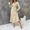 Women's Fashion Spring Fall Solid Color Print Long Sleeve V-Neck High Waist Casual Dresses