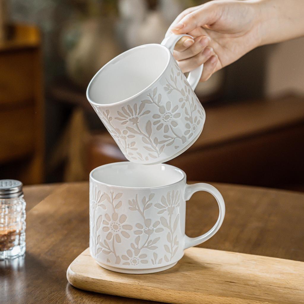 High Value Relief Flower Cup Ceramic Mug Home Office Water Cup Breakfast Cup Dessert Cup