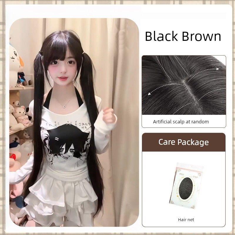 

[Tie up a Pair of Ponytails] Soft Fiber Wig Women s Super Long Hair 100cm Long Black Straight Hair Pairs of Ponytails Lolita Black Brown (100cm) [hair]]