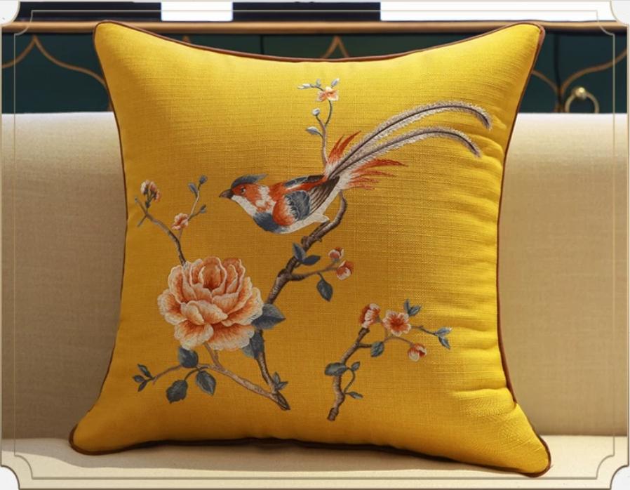 Chinese Style Embroidery Throw Pillow Cover Yellow Linen Cushion Cover with Peony & Bird Pattern for Sofa Home Decor