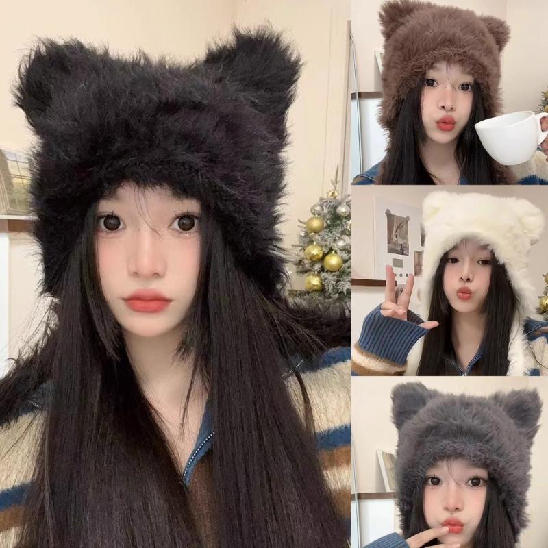 Winter Warm Plush Hat for Women Funny Bear Ear Hat Hooded Skull Hat Outdoor Activity Cap Windproof Headwear Pullover Hat