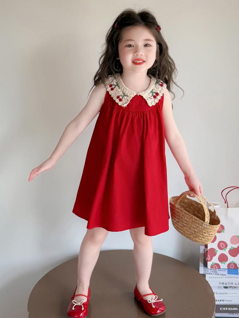 Girls Red Sleeveless Summer Dress for First Birthday Party
