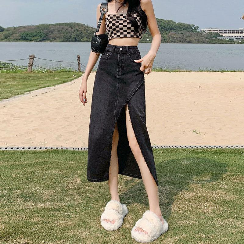 Elegante Mujer Irregular Mujer Crudo Borde Abertura Cintura Alta Diseño Paquete Cadera Falda A-Línea Midi Versátil Cómoda Moda Denim Bustier Falda