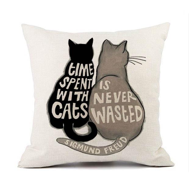 European Linen Cat Print Sofa Pillow Cover