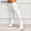 Fashion Eilyken Red Women Over The Knee Boots High Heels Patent Leather Solid Pointed Toe Stiletto Side Zipper Sapatos Femininos