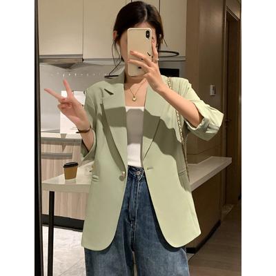 Arrival High-Quality Korean Style Short Beige Suit Jacket for Women, 7/10 Sleeve Thin Blazer for Spring and Summer