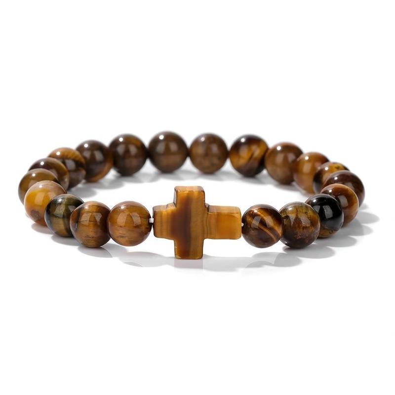 Bedel Natuursteen Armband Kruis Zwarte Lavasteen Kralen Armbanden Handgemaakt Mannen Vrouwen Gebed Fitness Ketting Koppel Sieraden Cadeau
