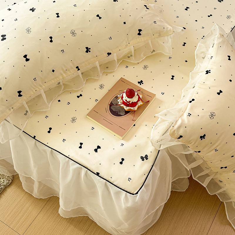 Sleep Grid Double Layered Chiffon Bed Skirt Ice Silk Air Conditioning Soft Seat 3-Piece Set
