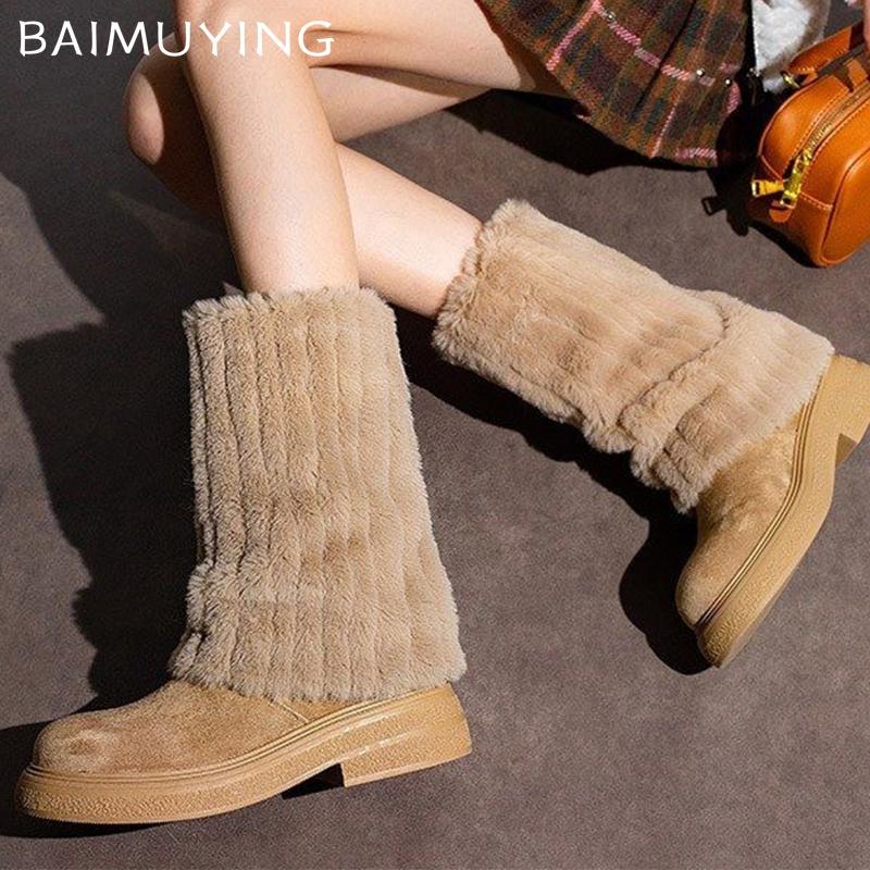 Pelz Plateau Damen Stiefeletten Wildleder Mittelhoch Absatz Modeschuhe Frau 2025 Trend Winter Lässig Walking Gemütlich Warm Schnee Stiefel Weiblich