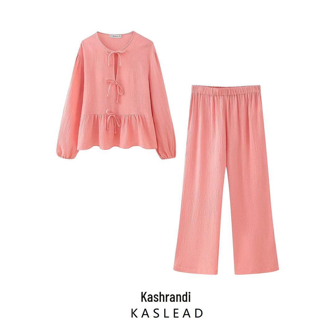 

2025 Spring Women s European & American Style Fashion Round Neck Long Sleeve Top & Casual Long Pants Set Medium
