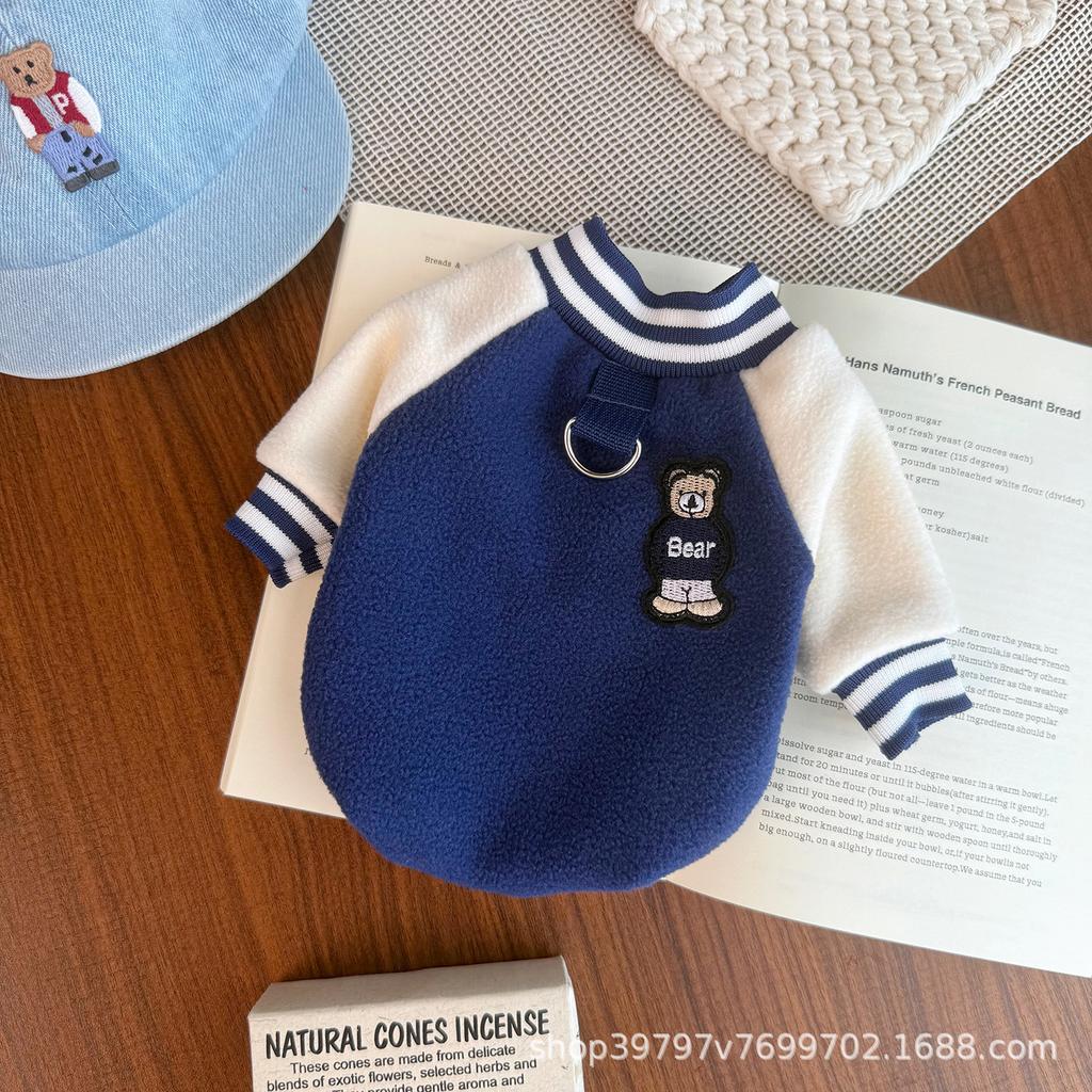 Pet Autumn and Winter Striped Collar Baseball Jacket Cat Plush Thick Warm Jacket Dog Clothes for Small Dogs Puppy Clothes