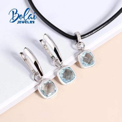 Anhänger, Halskette und Ohrringe aus 925er Sterlingsilber, schlichtes Design mit natürlichem himmelblauem Topas-Edelstein, edler Schmuck für Mädchen, schönes Geschenk