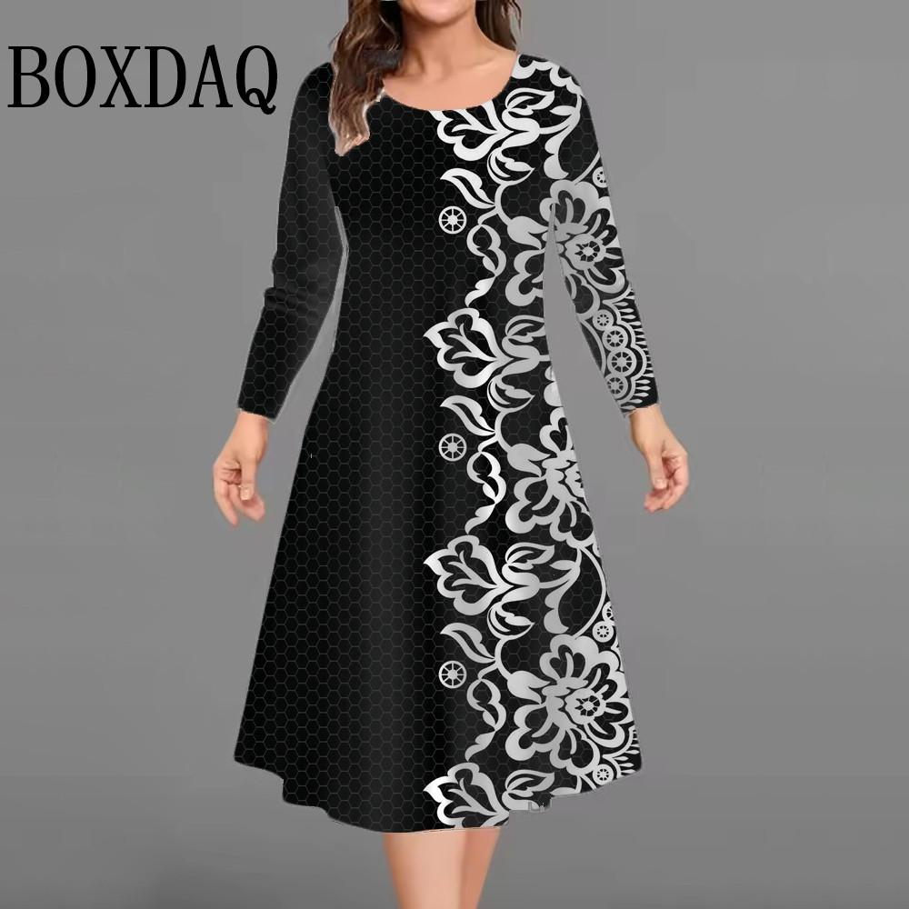 Women s Retro Dress Flowers Printed Elegant Casual Long Sleeve Dress Fashion Plus Size Women s Clothing S