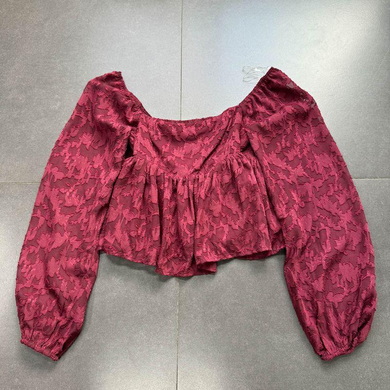 

Export Single Altar d Stat * Dark Embossed Square-Cut Collar Autumn Exquisite Texture Chiffon Elegant Tops Dark red relief Tops S