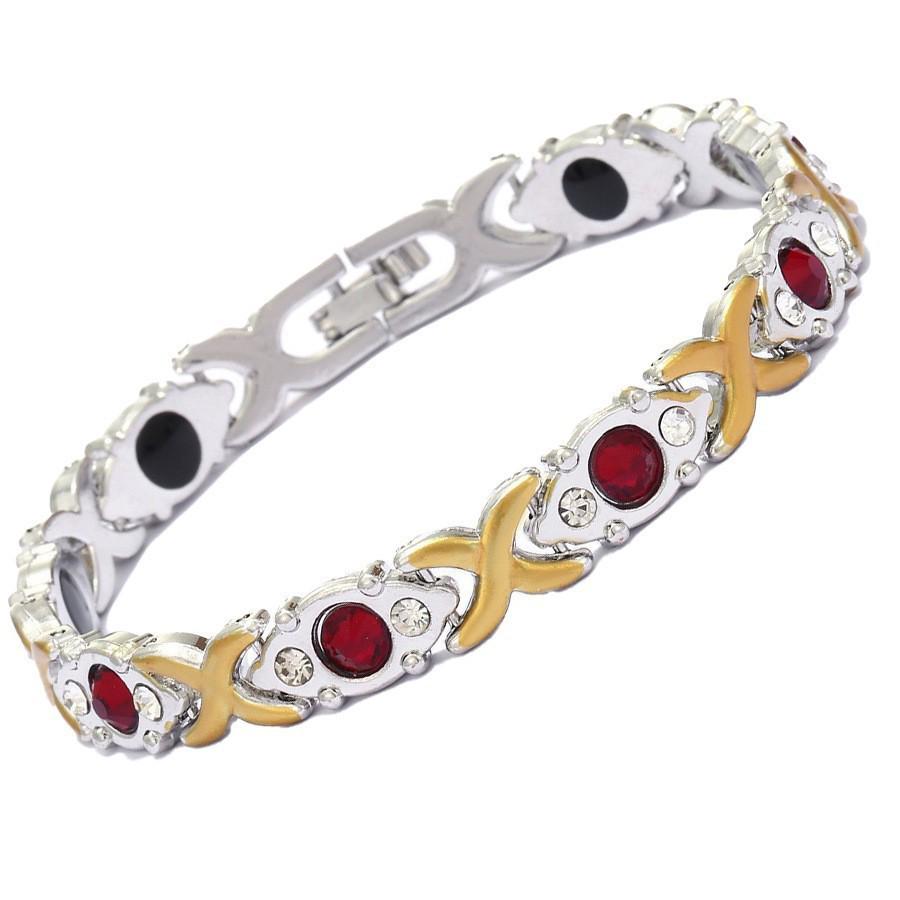 Bracciale Magnetico Europeo e Americano Transfrontaliero con Inlay di Foglie e Diamanti, Rame Rosso Antico, Spazzolato, Regolabile.