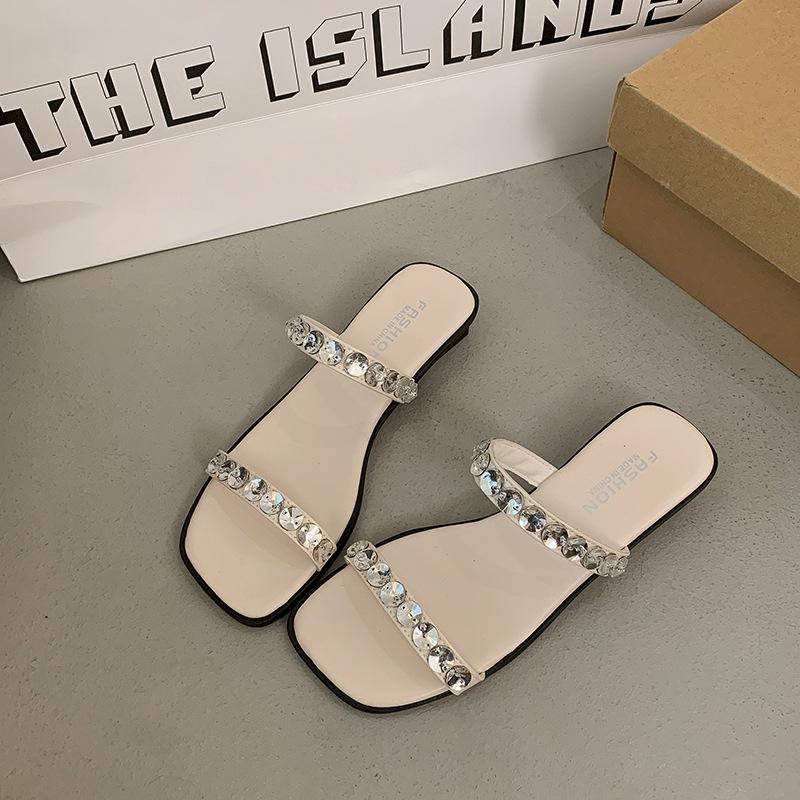 Black premium one-word strap flat-bottomed slippers for women's new summer sandals for women to wear thick-heeled rhinestone slippers