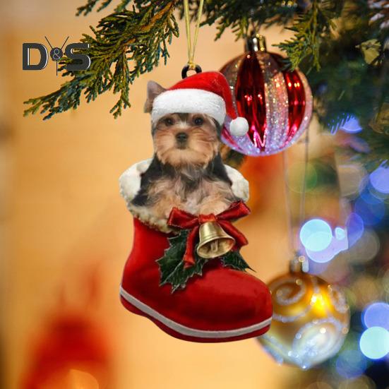 Dog Christmas Pendant Dog In Santa Boot Hanging Ornament 2D Flat Acrylic Pendant for Christmas Tree Home Decor Dog Lovers Gift