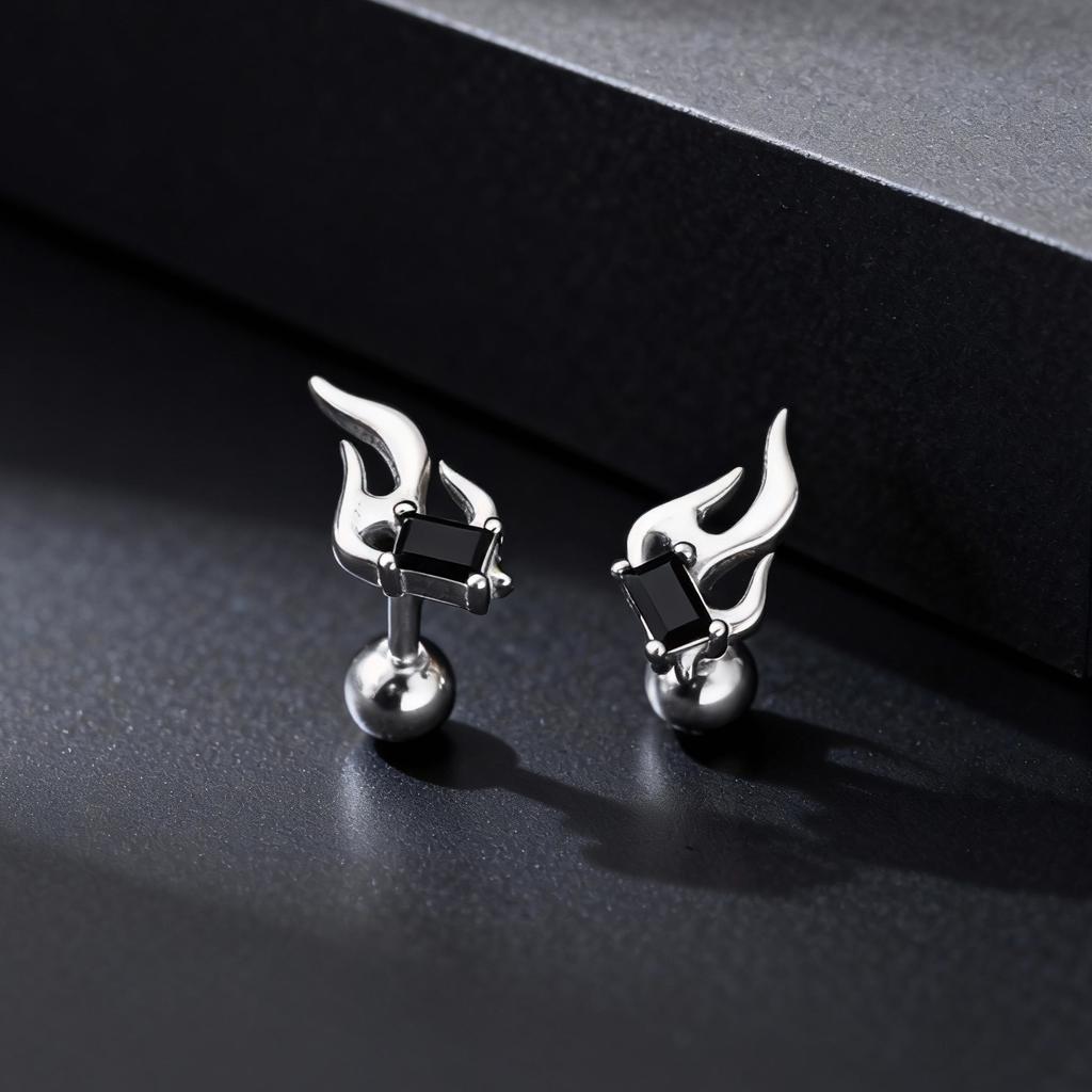 Vintage Flame Stud Earrings for Men, Trendy Black Cubic Zirconia Hypoallergenic Stainless Steel Earrings, Punk Hip Hop Jewelry