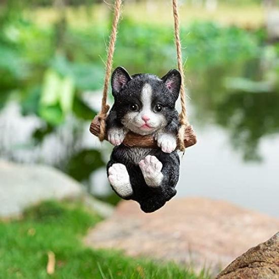 Resin Cute Swing Small Cat Sculpture Outdoor Garden Home Office Room Hanging Decor Statue Figurine Pet Ornament Decoration with String (Gray)