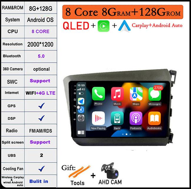 For HONDA INSIGHT 2 2009 2010 2011 2012 2013 2014 Android 14 Car Auto Radio Navi GPS Multimedia Player 4G+WIFI  Carplay Stereo