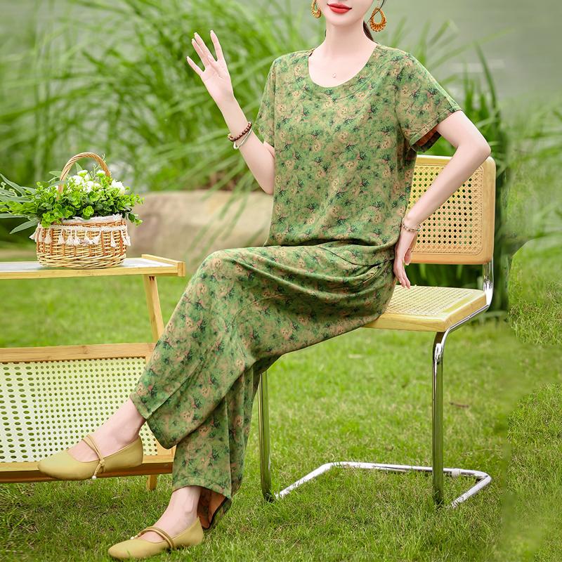 Women's Summer Printed 2-Piece Outfit, Plus Size Casual Short Sleeve Top & Pants Set (XL-5XL)