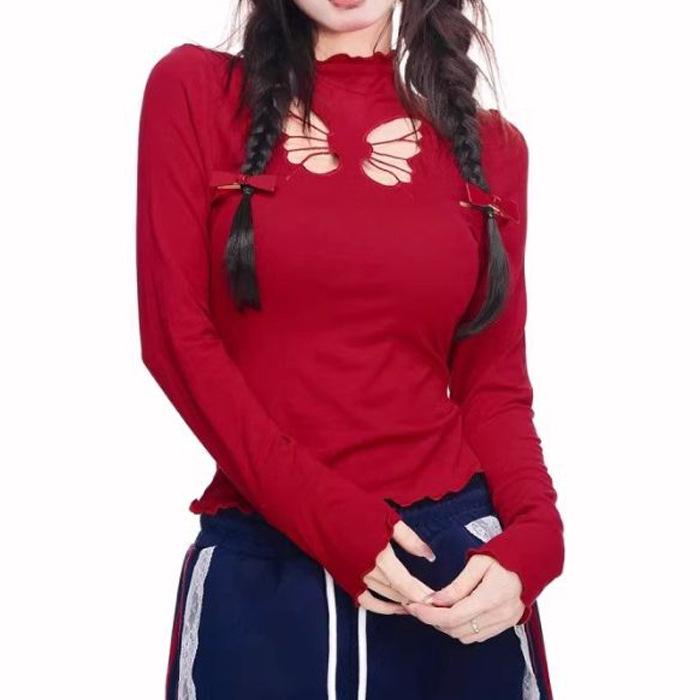 Plush Spicy Girl Butterfly Hollow Long Sleeve Turtleneck Women's Autumn/Winter Top