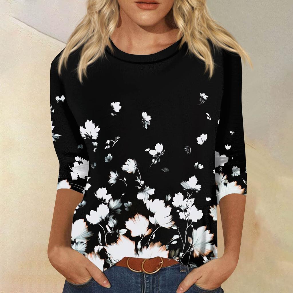 Women's Fashion Casual Seven Sleeve Printed Round Neck T-Shirt Top