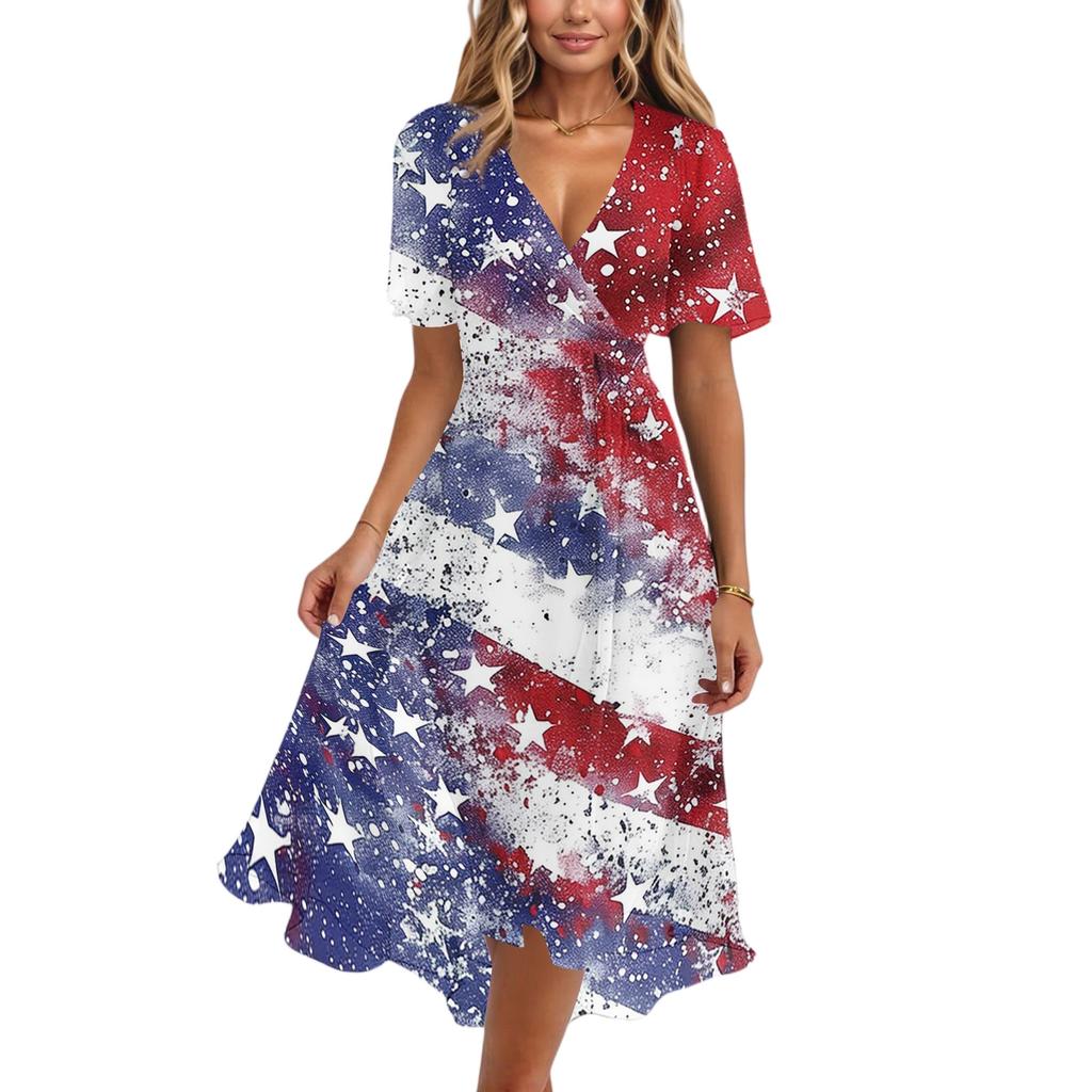 Women's Casual V-Neck Short-Sleeve Independence Day Print Dress