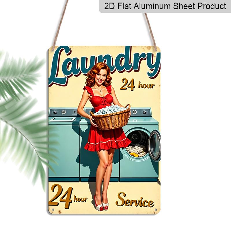 2D Flat, Vintage "Laundry 24 Hour Service" Pin Up Girl Aluminum Sign - Retro Laundry Room Wall Decor Laundry Room, Utility Room, Retro Home, Vintage