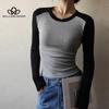 Cotton Round Neck Contrast Raglan Sleeve Base Shirt Women's Autumn Inner Slimming Long Sleeve T-shirt Top