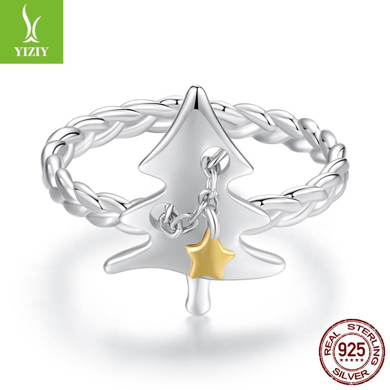 Yinziyun Open Christmas Tree Ring, 925 Sterling Silver Band for Women