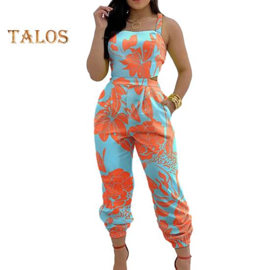 Women Jumpsuit Sleeveless Color Matching Printed Lace-up Bow Cross Back Pockets Ankle-banded Backless High Waist Lady Commute Party