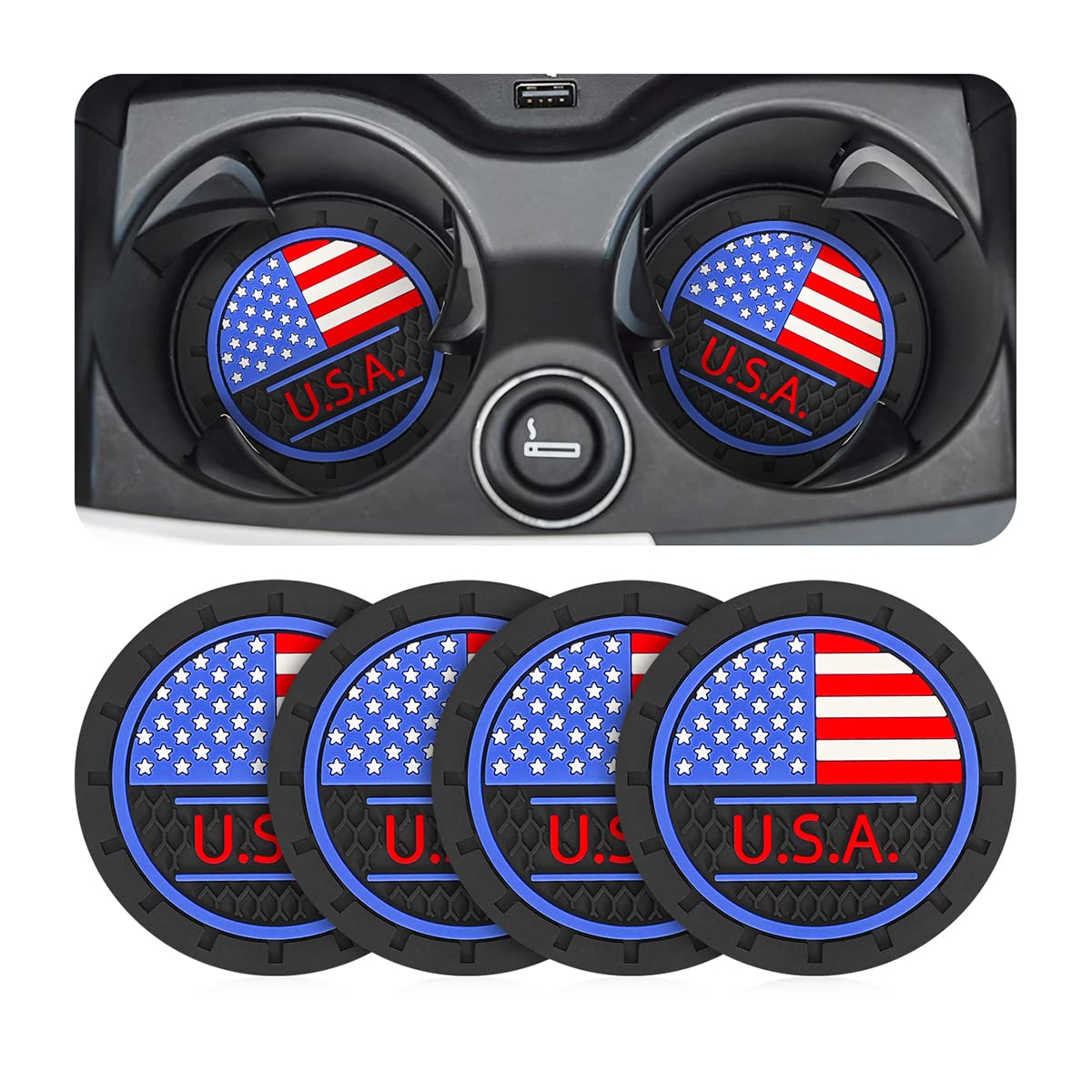 

AUCELI 4 Pack Car Cup Holder Coasters, Colored American Flag, American Flag Insert Car Cup Coaster, 2.75 Inch Anti-Slip Shockproof Embedded Drink