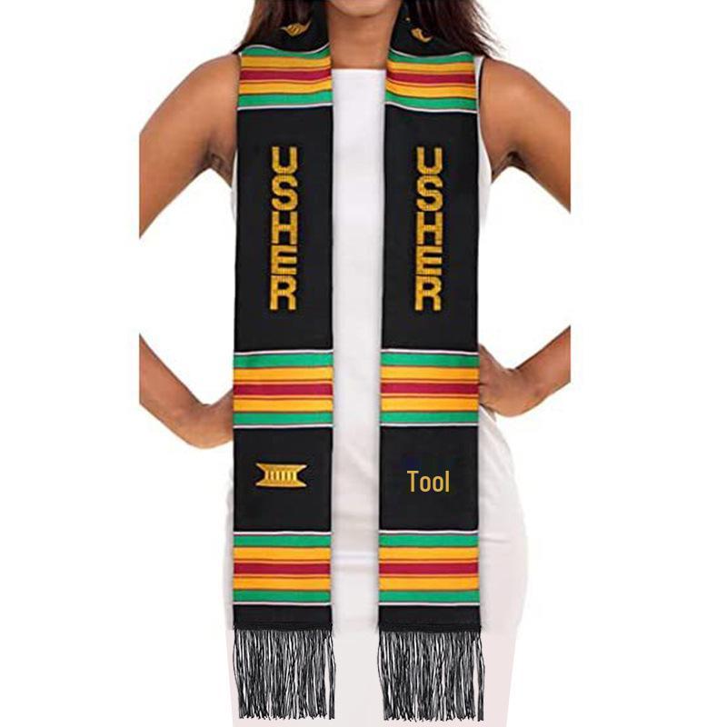 Black Satin Double Layer Tassel Graduation Stole with Logo for Coming-of-Age Ceremony