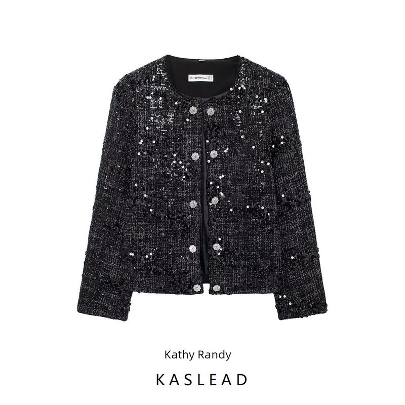Kaslead New Arrival Women's Clothing Fashion Style Stylish Simple and Versatile Sequin Woolen Drill Buckle Outwear