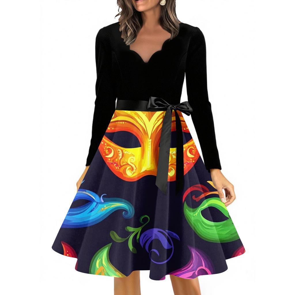 Dámské ležérní módní šaty s výstřihem do V, dlouhým rukávem, s potiskem, vintage, dlouhé