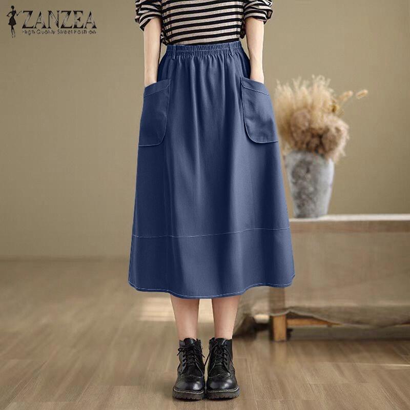 ZANZEA Women Casual Patch Pocket Elastic Waist Loose Skirt