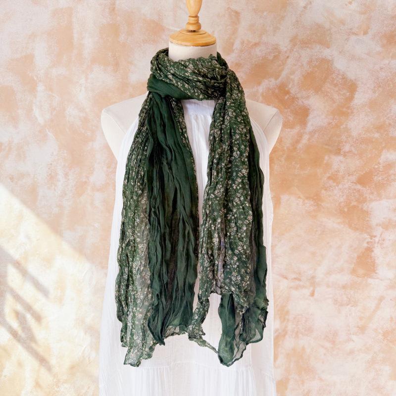 

Художественный хлопково-льняной шарф с цветочным принтом и плиссировкой из марли - Путешествие в Дали, тонкая шаль-снуд