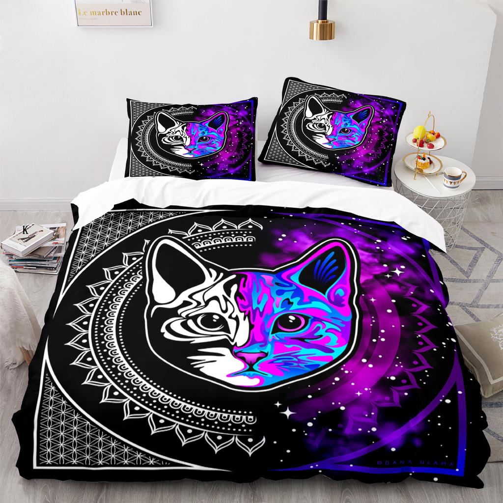 Cat Duvet Cover Set King Size Cute Cats Pattern Bedding Set Decorative Animal Polyester Comforter Cover with Pillowcases for Kid