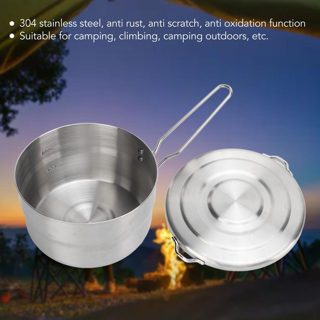 1.5L Camping Pot 304 Stainless Steel Folding Handle Stable Camping Cook Pot with Lid for Outdoor Mountaineering Hiking
