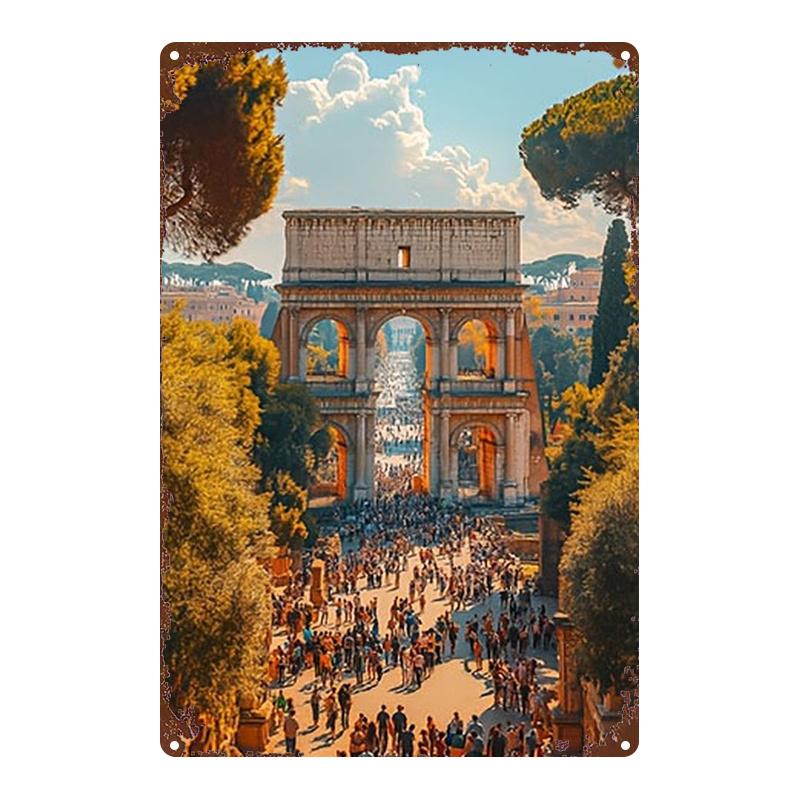 2D Flat, 1pc, Metal Sign, Colosseum Painting Architectural Model Creative Home Decor, Durable Metal Plaque, Suitable for Bars, Bedrooms, Restaurants,