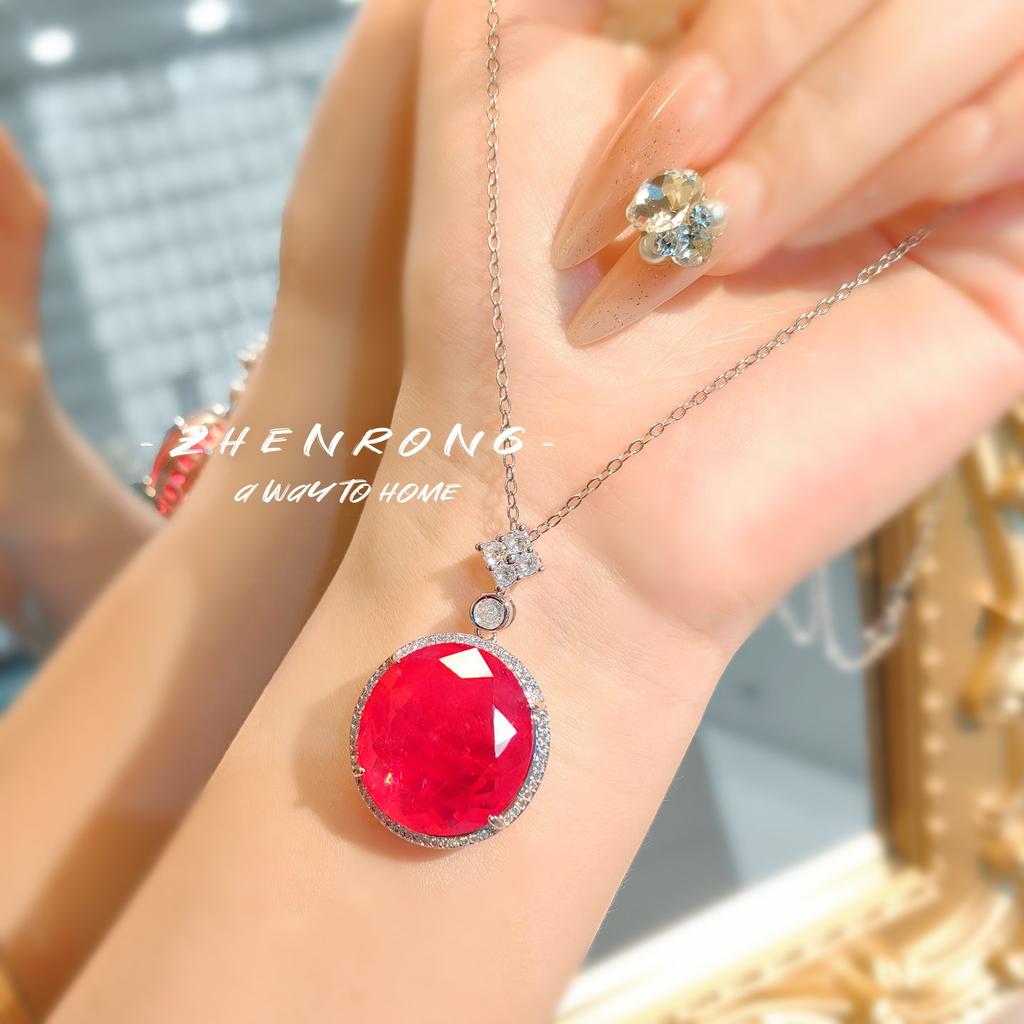 Female Red/Orange Stone Big Round Pendant Necklaces For Women copper Color Metal Zircon Necklace Wedding Bridal Zircon