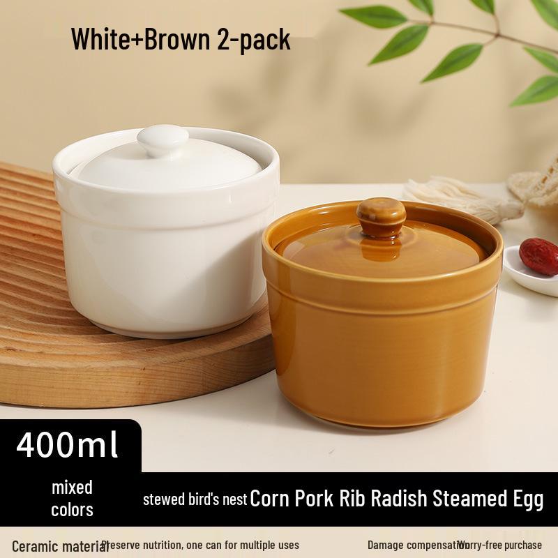 Keramický hrnec na dušení ve vodní lázni s víkem - Miska na polévku pro jednu porci a napařovaný vaječný krém