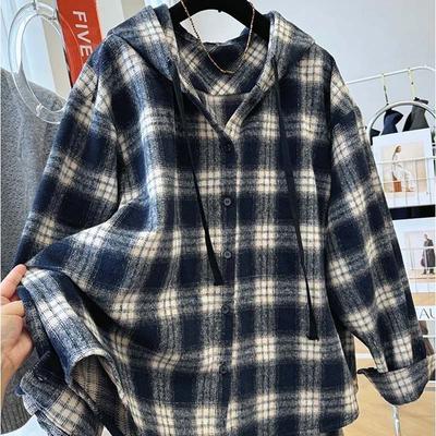 Coat for Women Cotton Autumn Winter Thickened Casual Oversize Retro Relaxed-Fit Long-Sleeve Plaid Brushed Jacket