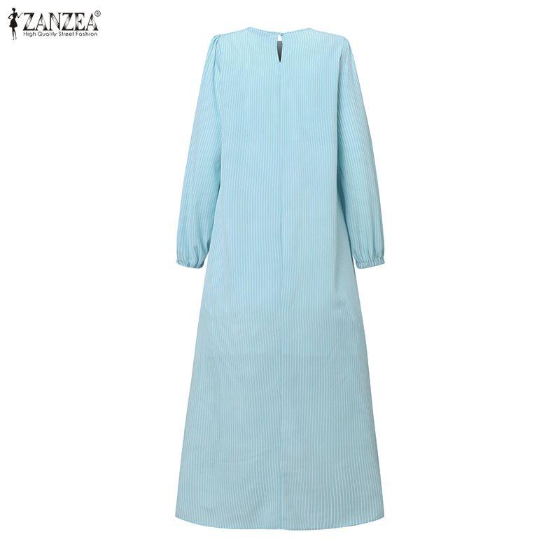 ZANZEA Women Casual Round Neck Loose Long Sleeve Stripe Dress